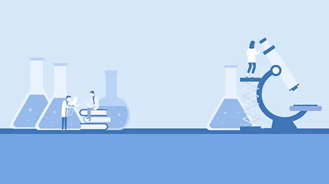 Mikroskop und Flaschen Stilisiertes Mikroskop und Kolbengläser