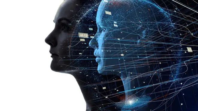 Im Hintergrund das Gesicht einer Frau, im Vordergrund ein digitales Abbild mit Linien und Zahlen. Im Hintergrund das Gesicht einer Frau, im Vordergrund ein digitales Abbild mit Linien und Zahlen.