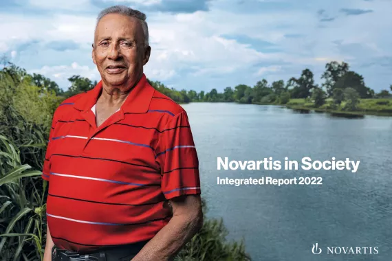 Front cover of the 2022 Novartis in Society Integrated Report，Van Lacour，prostate cancer patient living in Natchez，Louisiana，who received a Novartis radioligand therapy