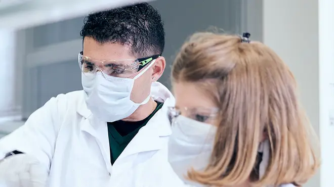 Scientists working together in a biomedical research lab. Scientists working together in a biomedical research lab.