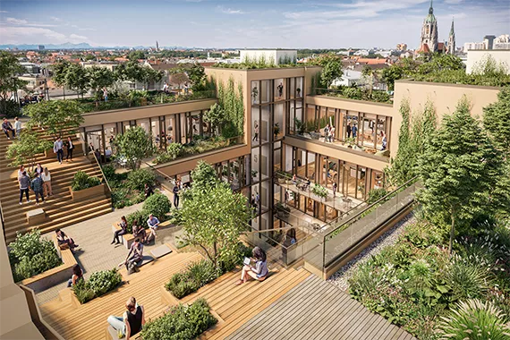 Novartis Deutschland entscheidet sich für neuen Bürokomplex im Herzen Münchens Computergenerierte Ansicht des neuen Bürokomplexes im Herzen Münchens